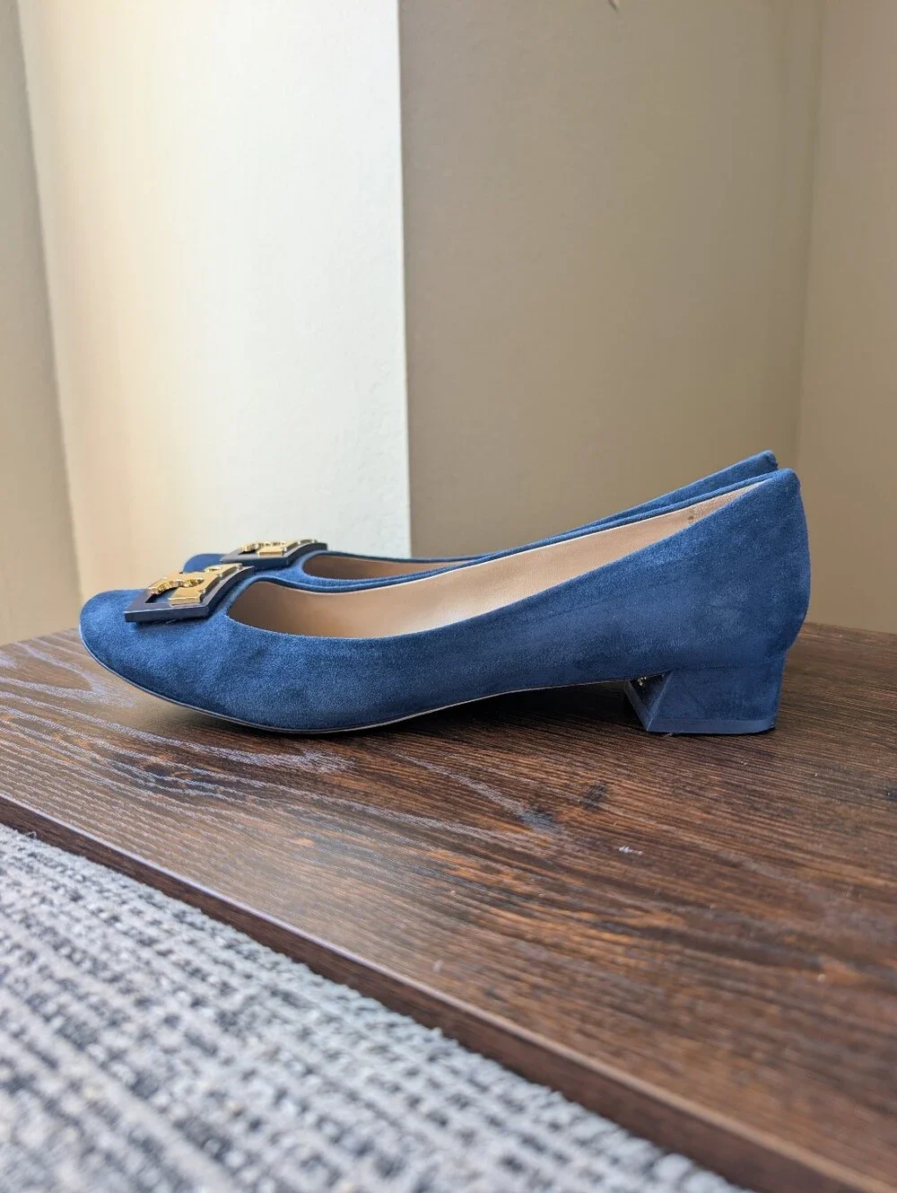 Tory Burch Gigi Blue Suede Gold Logo Slip-on Flats Shoes